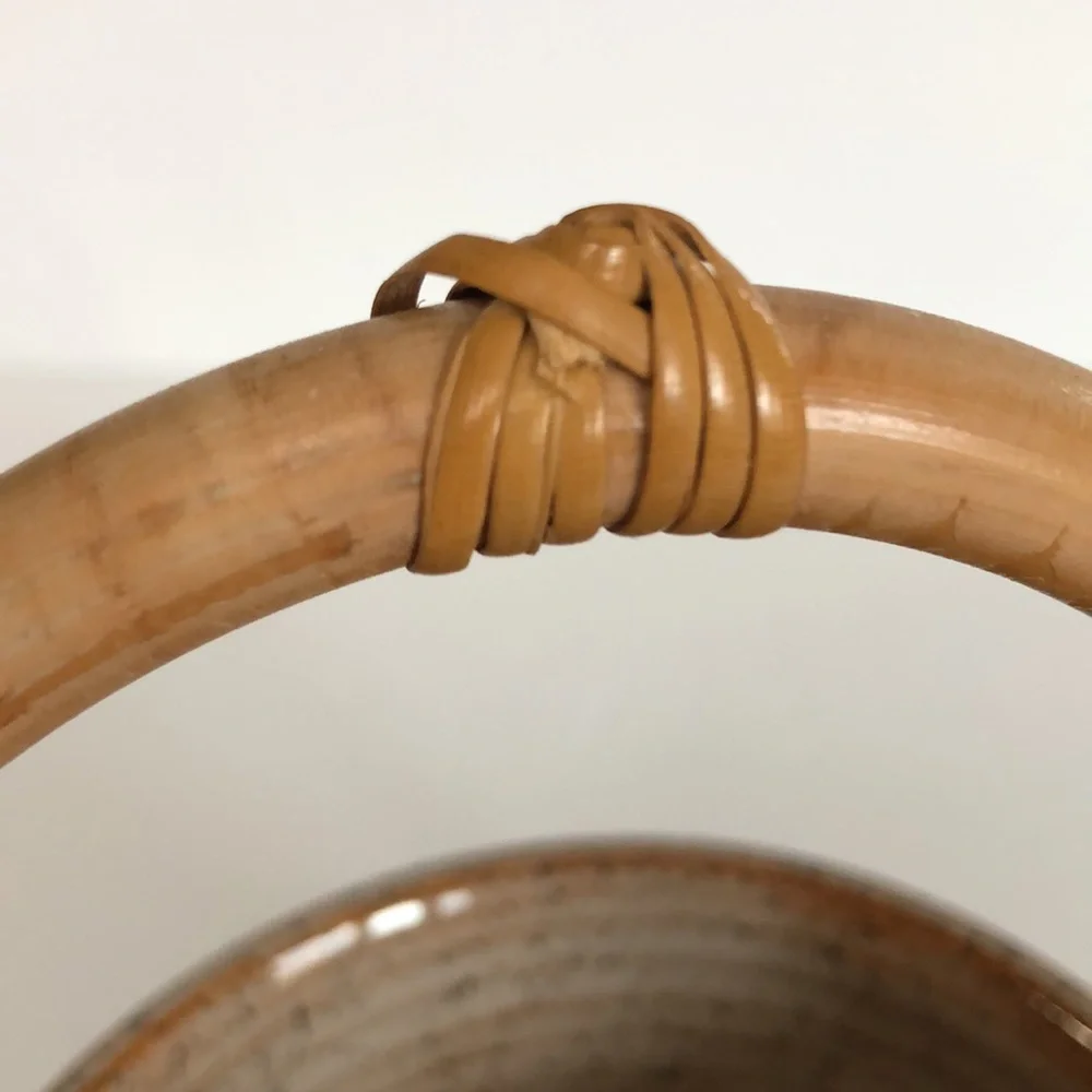 Art Pottery Glazed Basket Style Bowl With Bamboo Handle-Signed